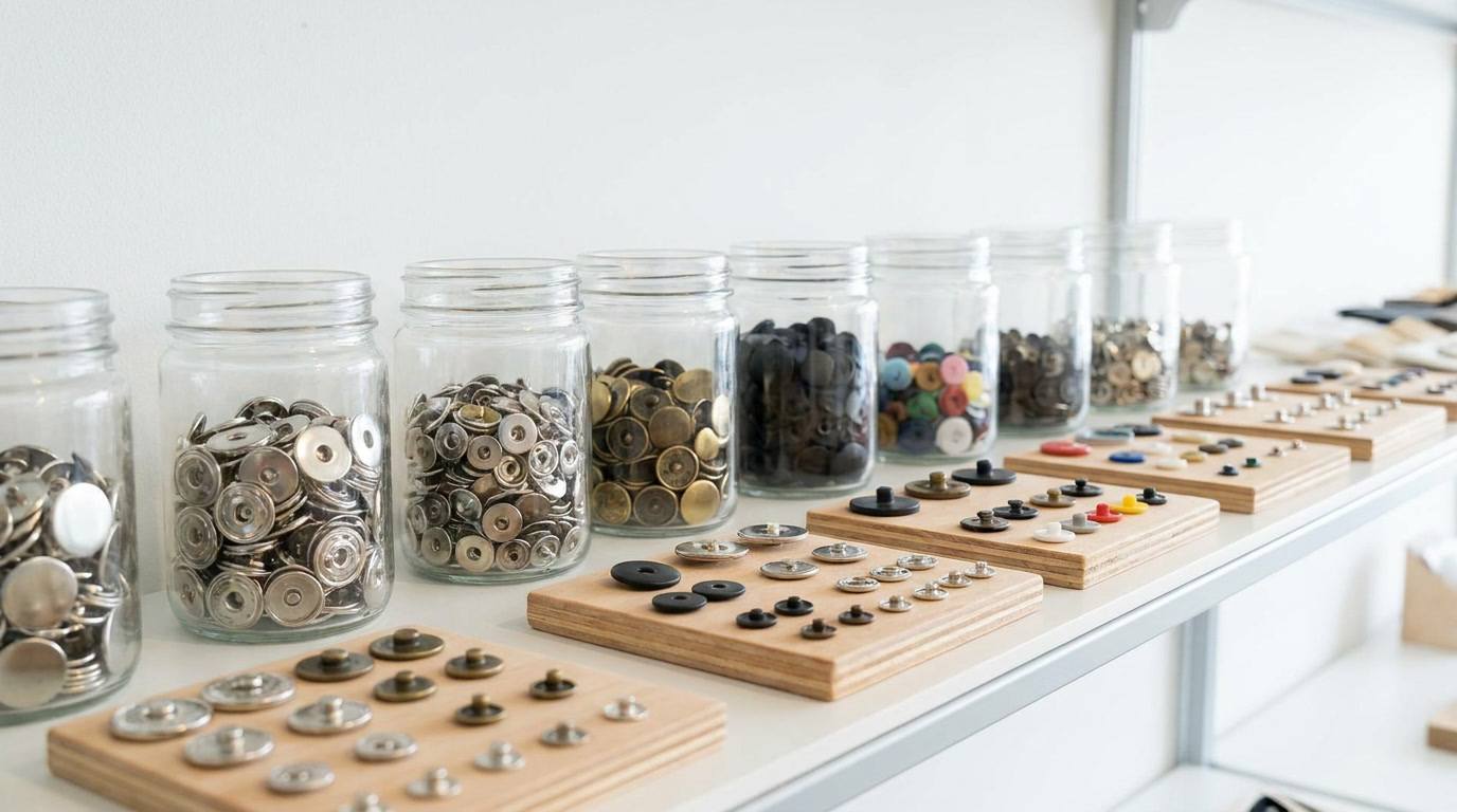 no sew snap buttons, No sew snap buttons in assorted sizes, colors, and metal finishes are organized in clear jars and on wooden sample boards.